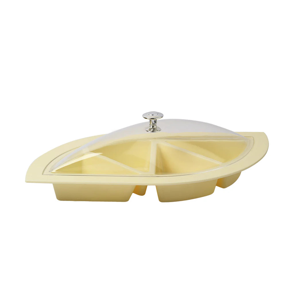 Dry Fruit Tray Dish 4 Partition Leaf Design with Clear Dome Cover