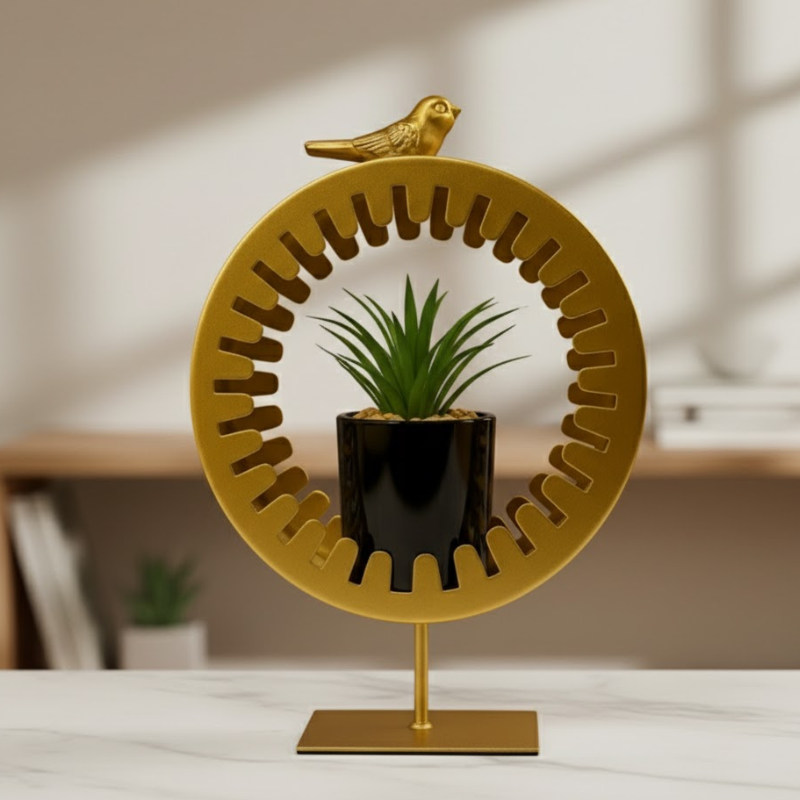 Golden Metal Bird Pot with Ceramic Cactus