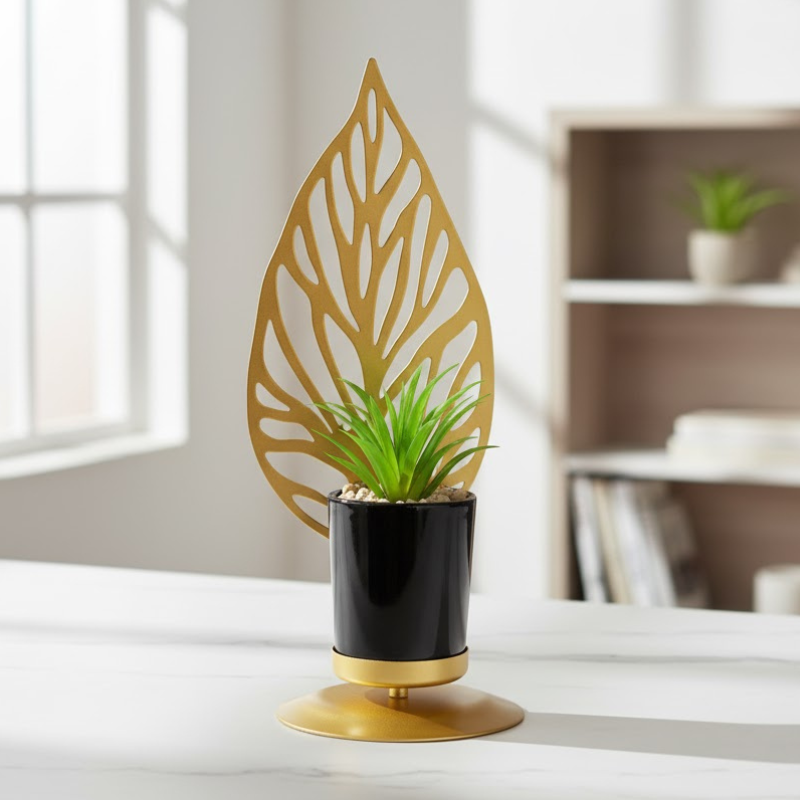 Golden Metal Leaf With Pot Table Plant Showpiece