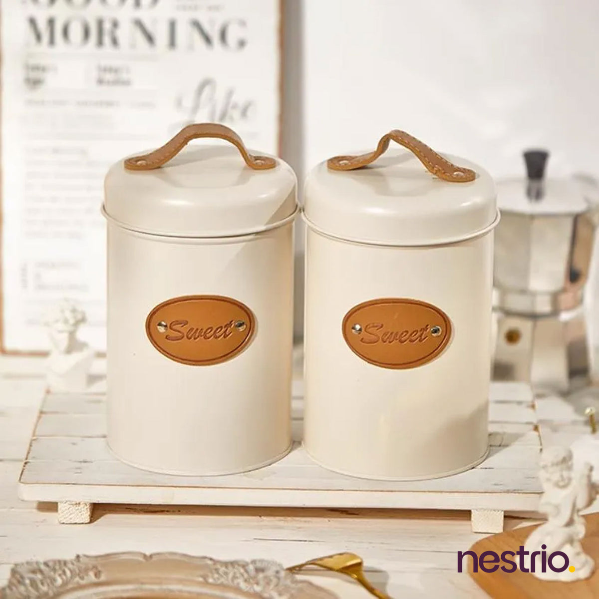 3pcs Metal Coffee Tea Sugar Storage Containers with Bamboo Lids Sealed Kitchen Canisters
