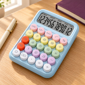 Pastel pink digital desktop calculator with colorful round buttons