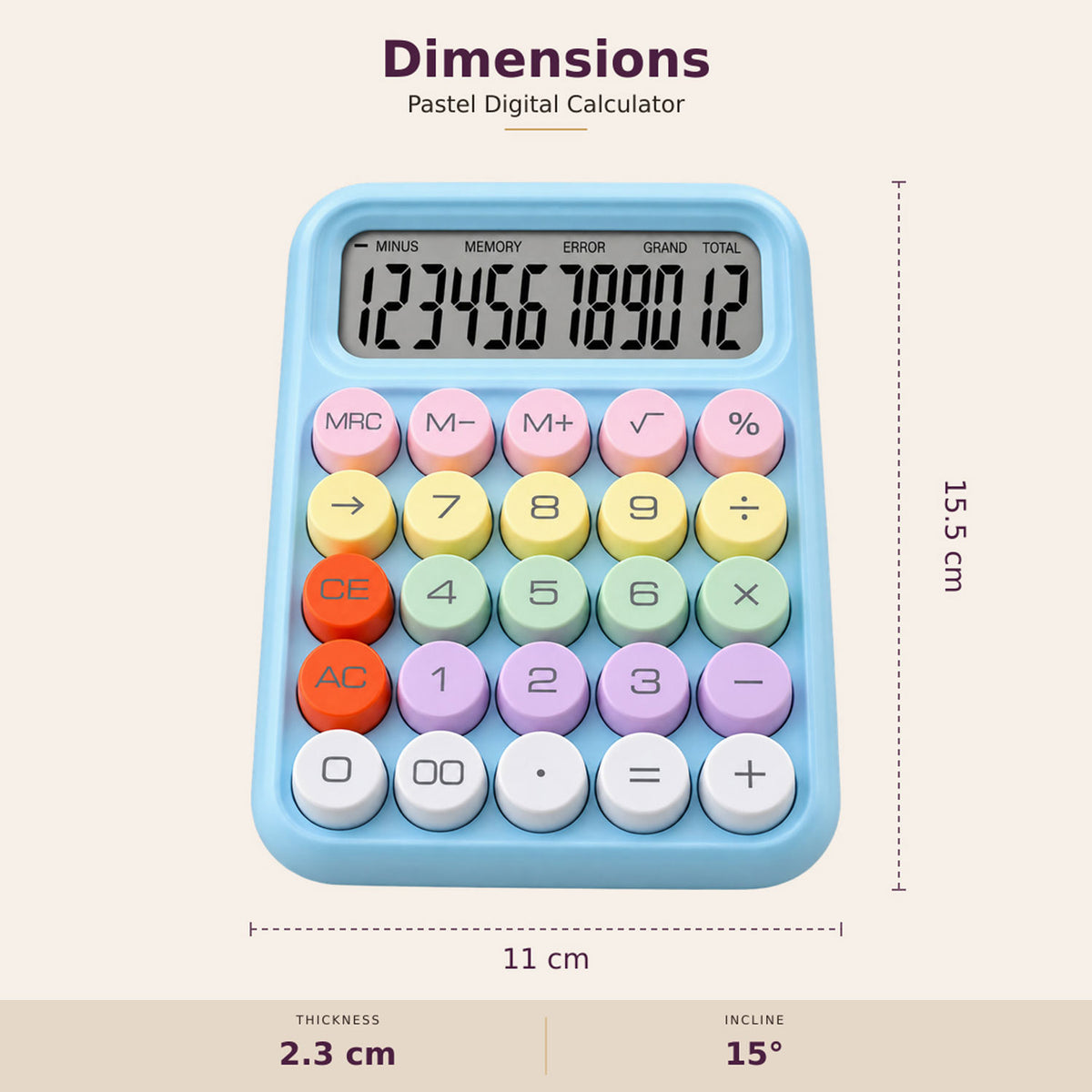 Colorful pastel calculator displayed on a study desk with stationery