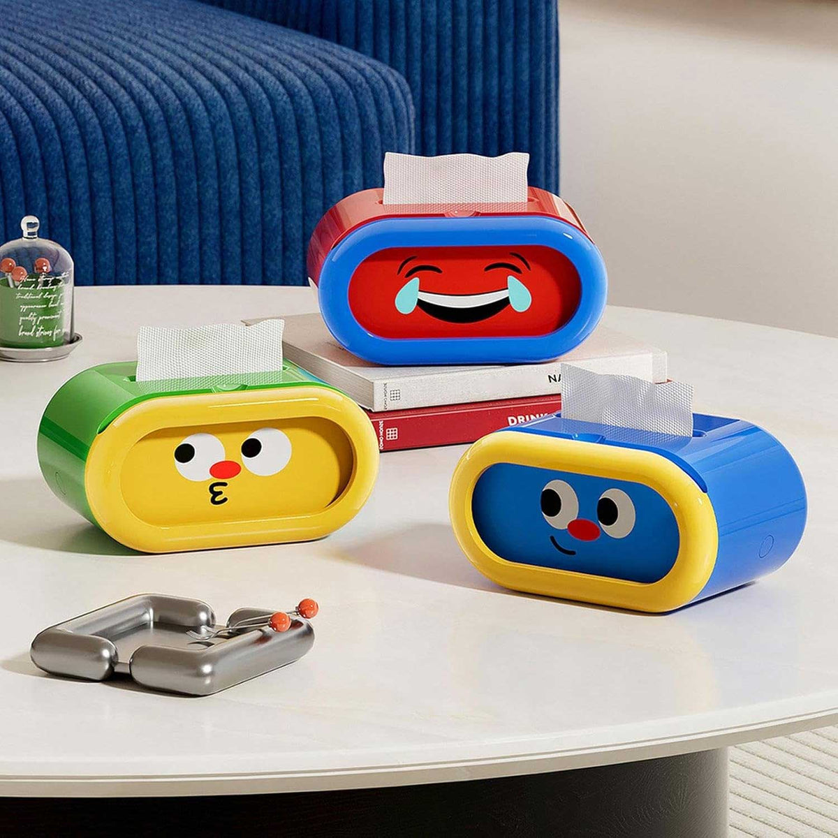 Colorful expression tissue holder displayed on a home office desk