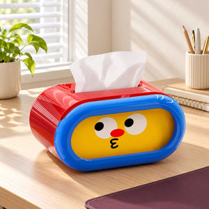 Colorful cartoon face tissue holder with spring-action expression
