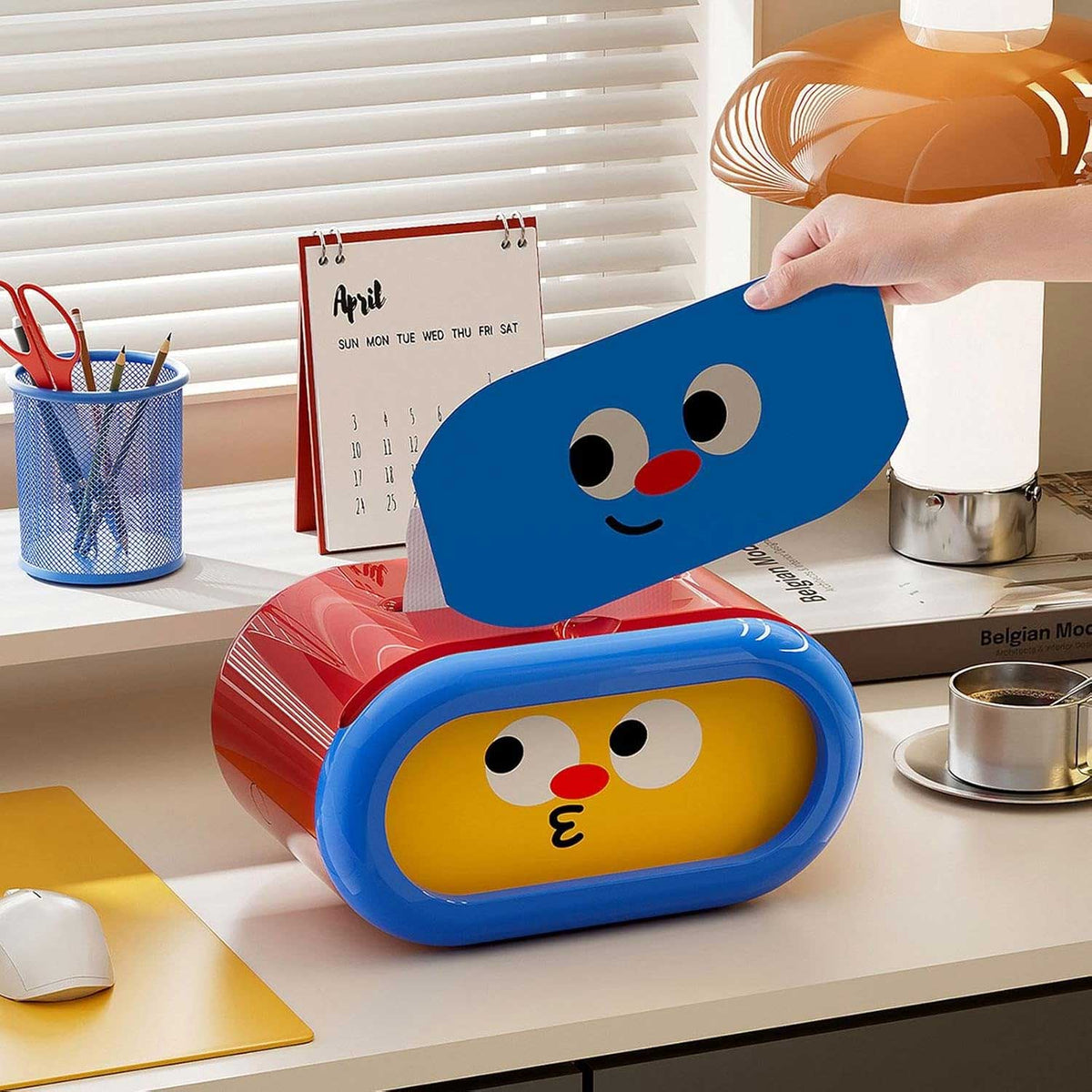 Cartoon tissue box with facial tissues pulled through the top opening