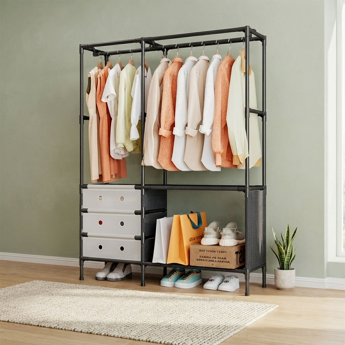 Multi Tier Clothing Rack with Drawers and Shoe Storage Organizer for Home and Bedroom