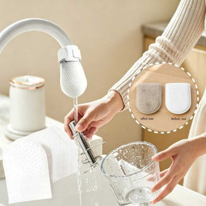 Cotton faucet filter cover fitted over a kitchen tap outlet