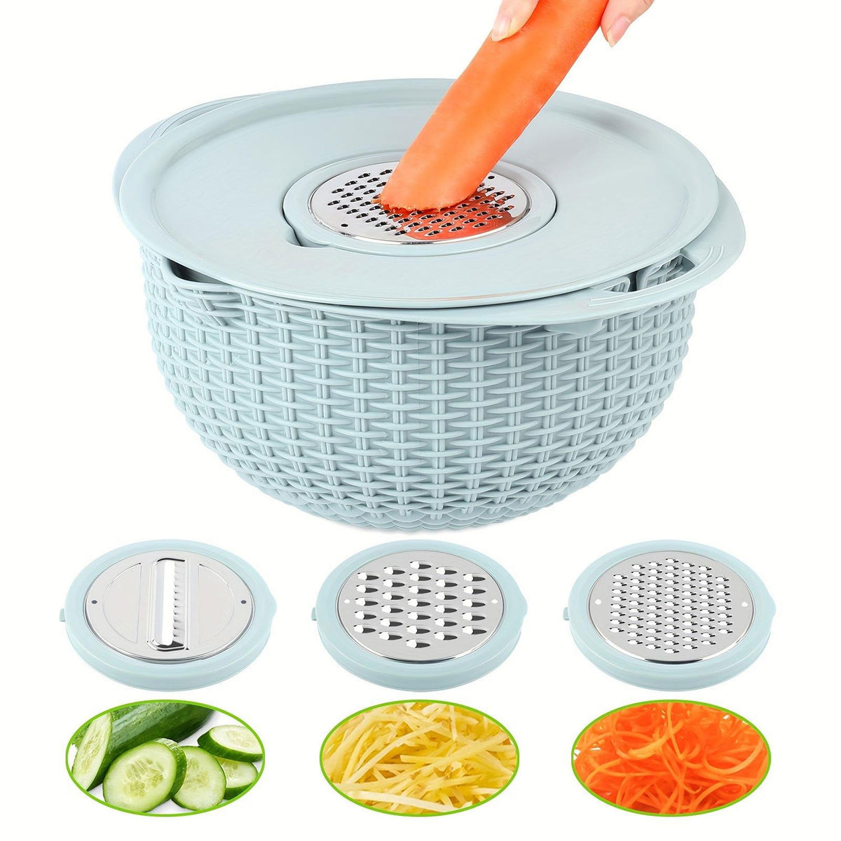 Components of 4-in-1 vegetable grater and draining basket