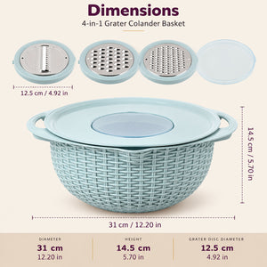 Vegetable grater basket used to prepare fresh ingredients on a kitchen counter