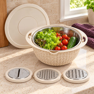 4-in-1 vegetable grater and colander basket for kitchen food preparation