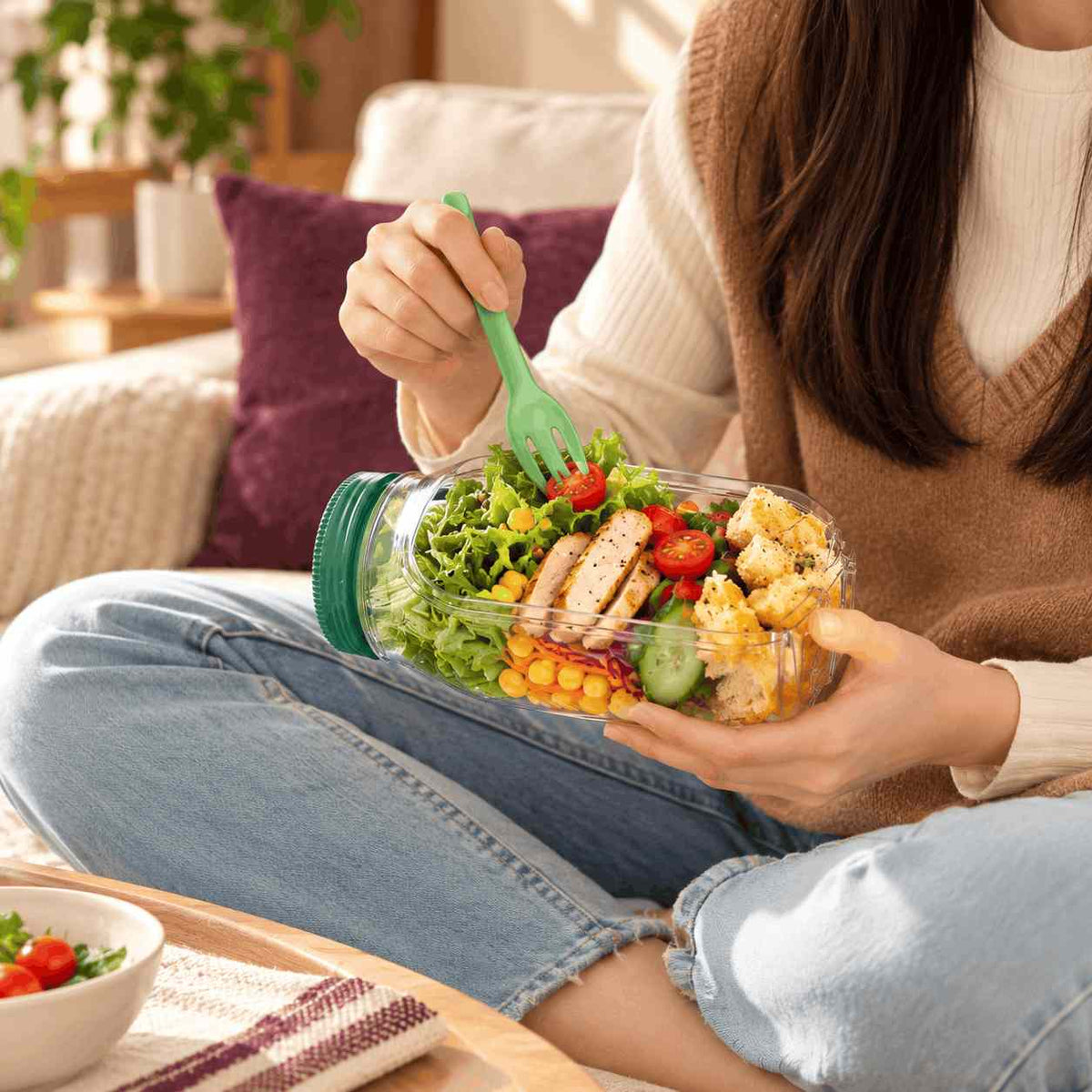 Wide-mouth salad jar with hinged opening for filling and serving food
