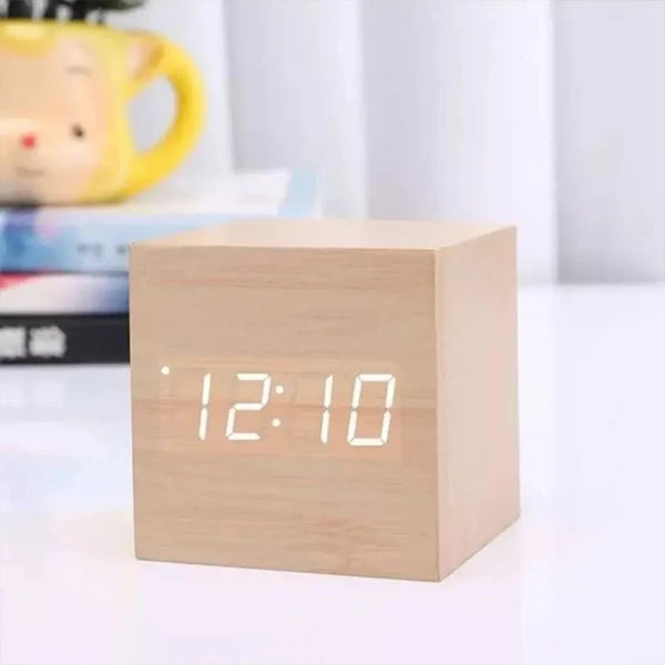 Wood LED Table Clock With Alarm & Voice Control