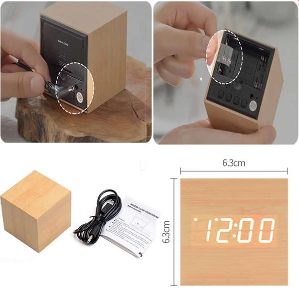 Wood LED Table Clock With Alarm & Voice Control