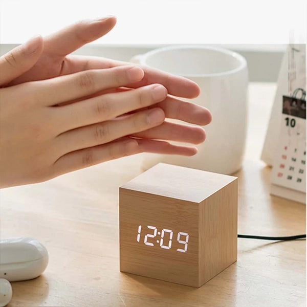 Wood LED Table Clock With Alarm & Voice Control