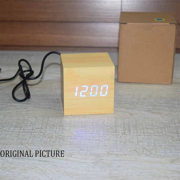 Wood LED Table Clock With Alarm & Voice Control