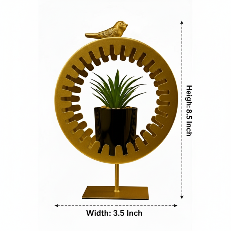 Golden Metal Bird Pot with Ceramic Cactus