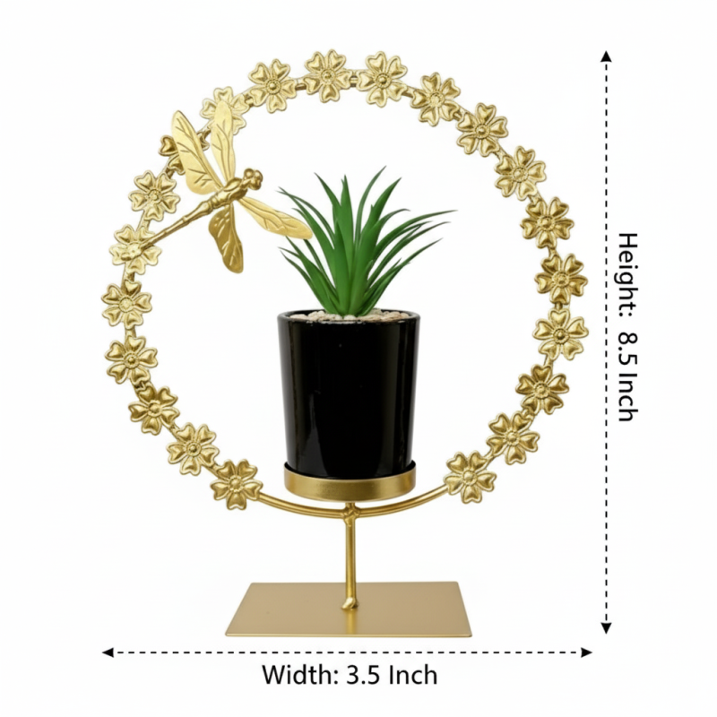 Golden Metal Dragonfly & Floral Pot with Ceramic Plant