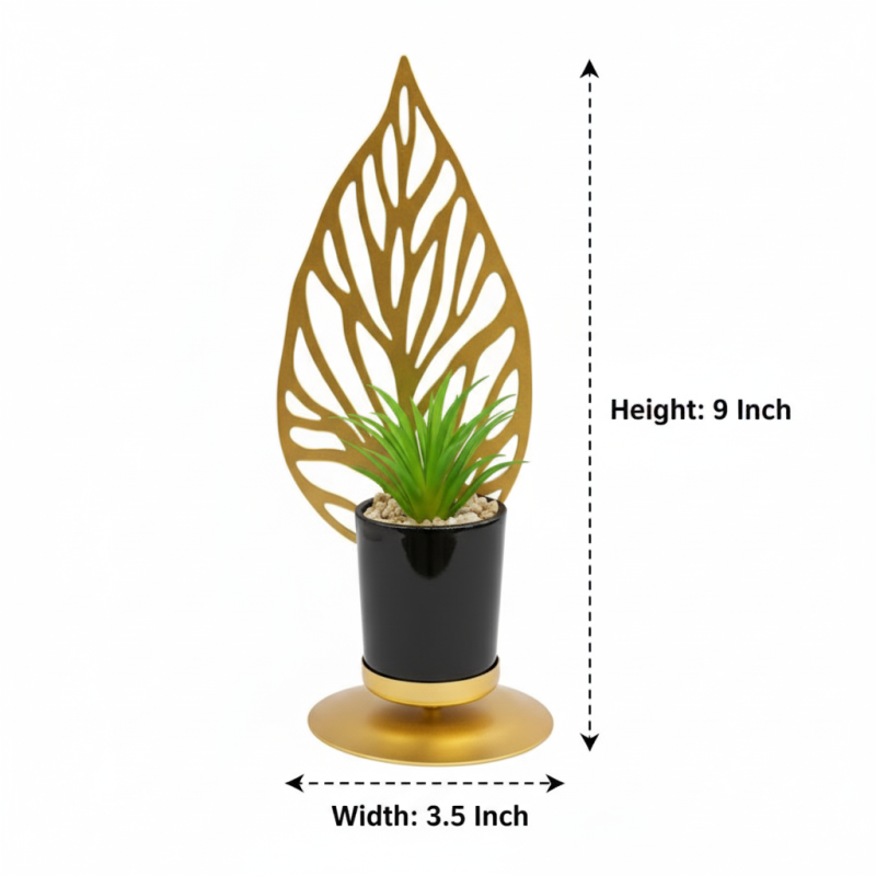 Golden Metal Leaf With Pot Table Plant Showpiece