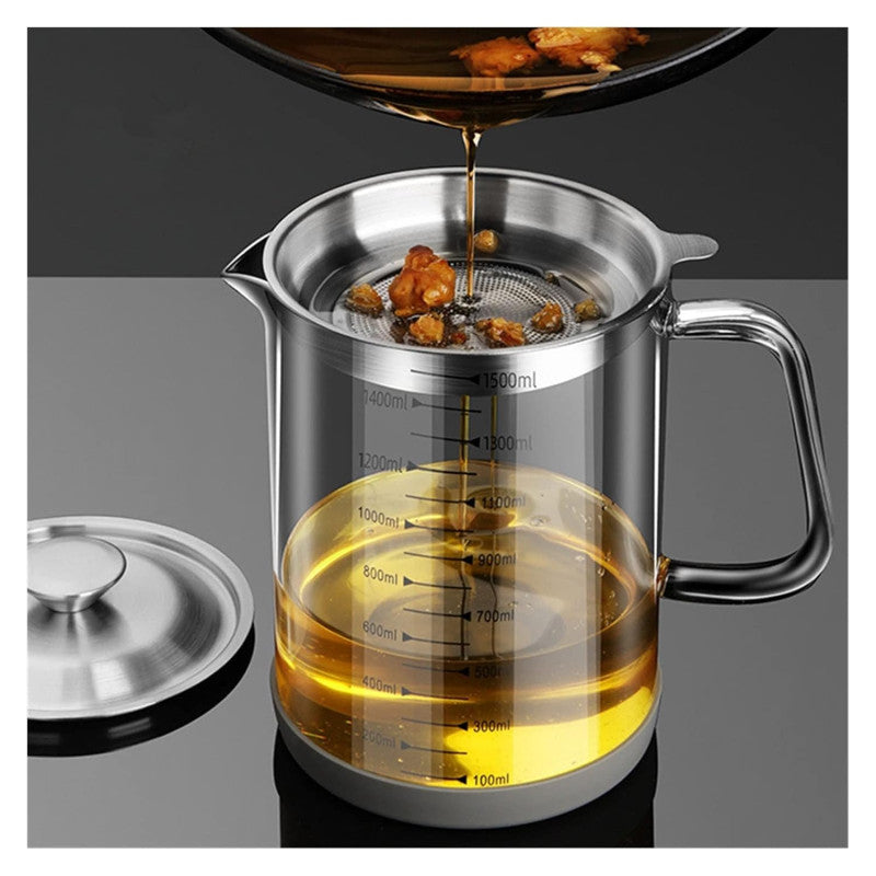 1200ML Glass Oil Filter Pot Kitchen Oil Strainer Container