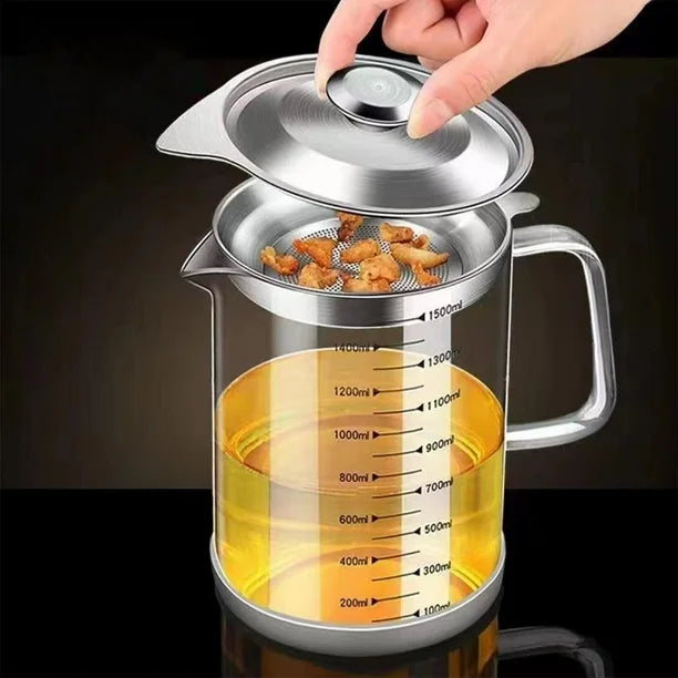 1200ML Glass Oil Filter Pot Kitchen Oil Strainer Container