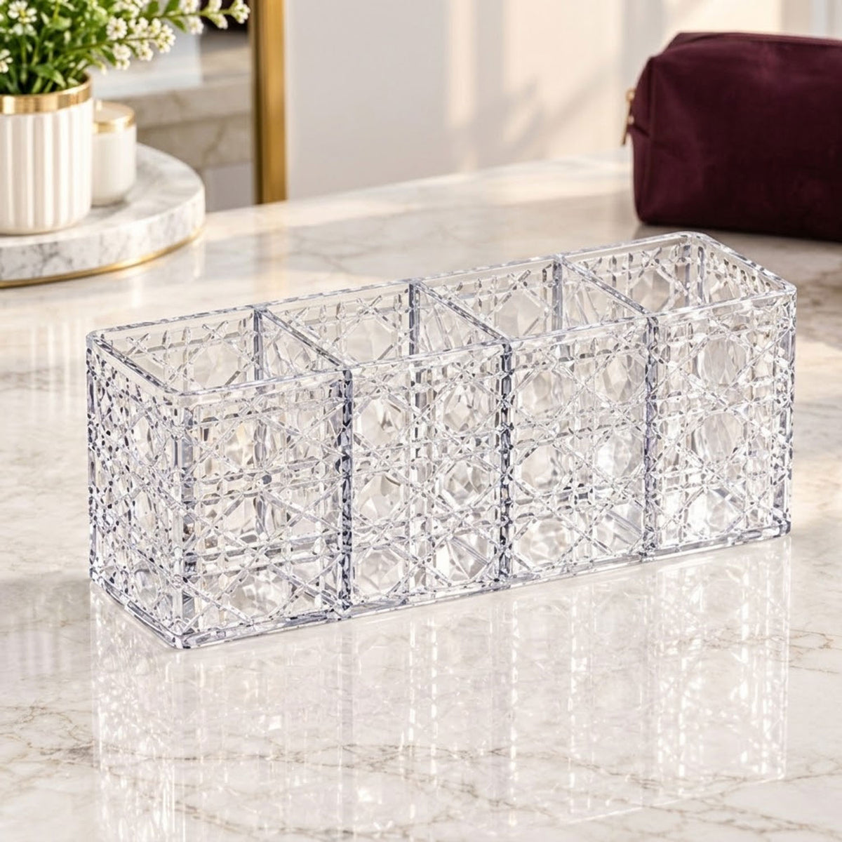 Four-compartment makeup brush and beauty tool organizer