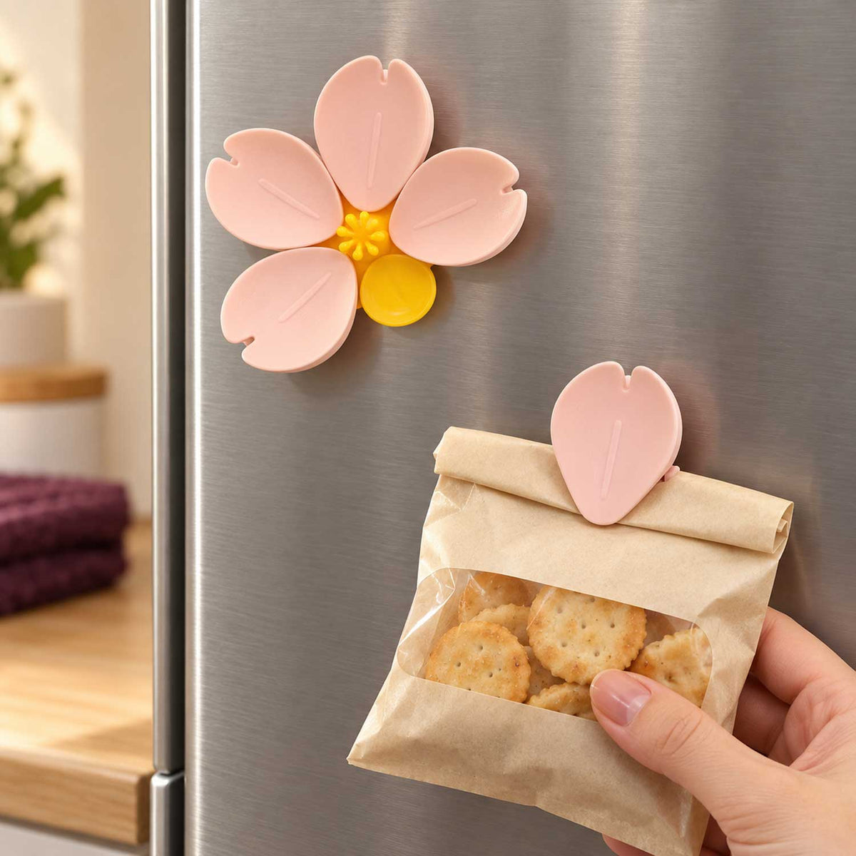 Flower-shaped magnetic food bag sealing clip for kitchen storage