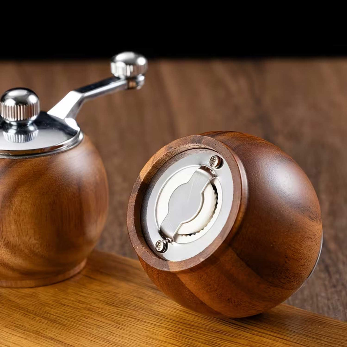 Close-up of natural wood grain on spherical manual spice grinder