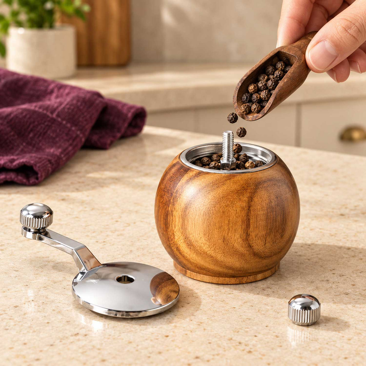 Round wooden pepper and spice grinder with stainless steel hand crank