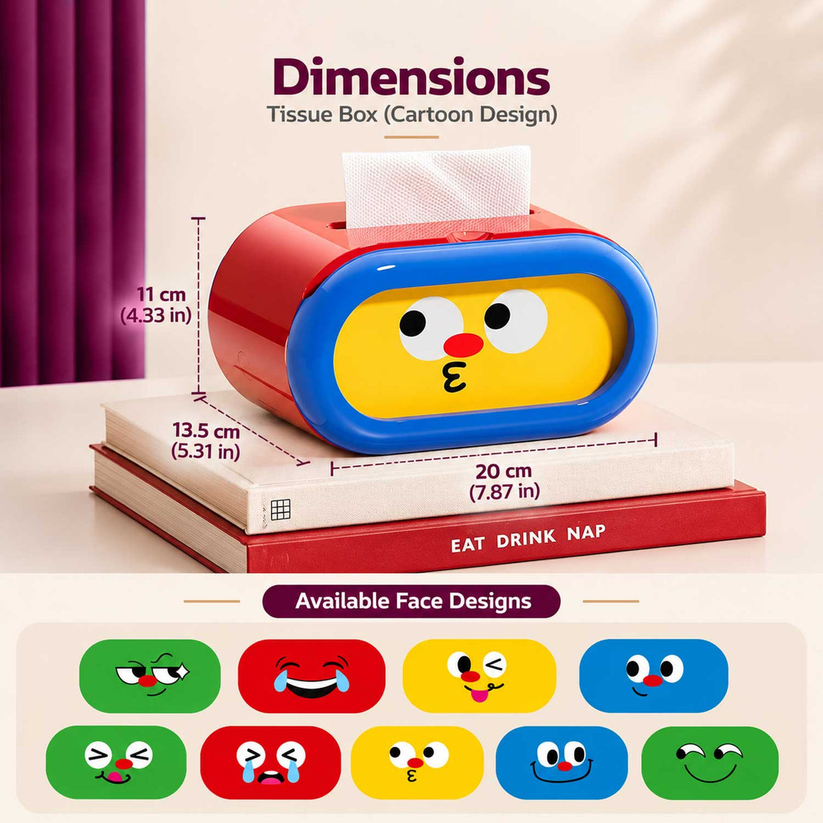 Cartoon expression tissue box sizing reference showing product dimensions