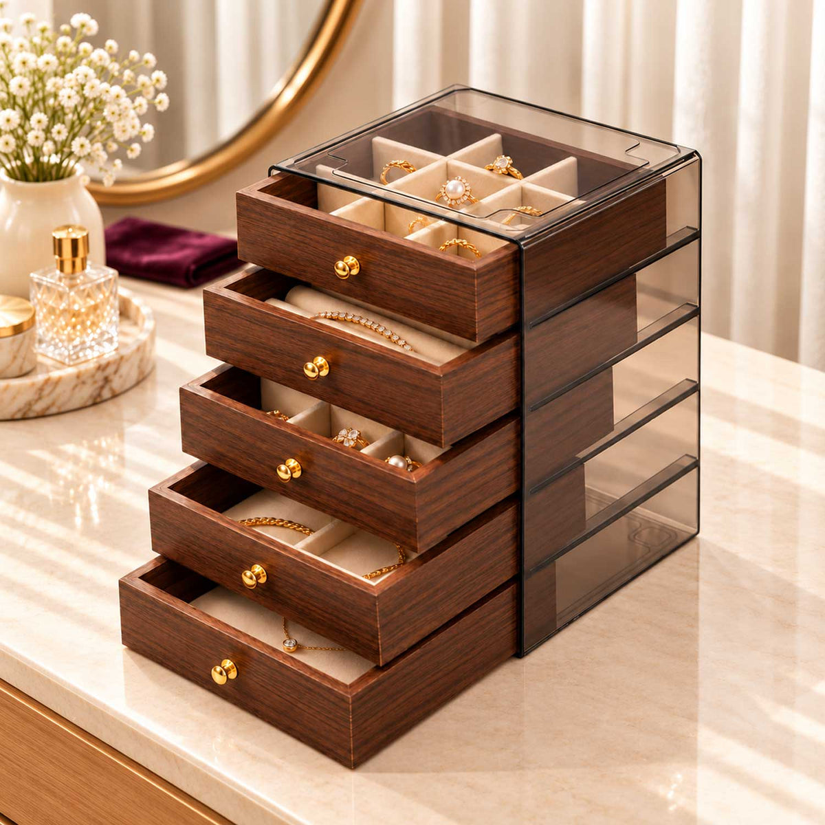 Elegant 5-Tier Jewelry Storage Chest with Drawers & Glass-Look Top