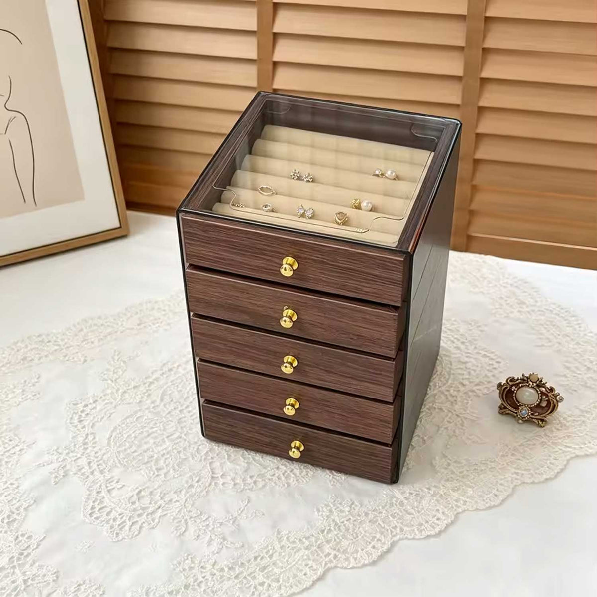 Elegant 5-Tier Jewelry Storage Chest with Drawers & Glass-Look Top