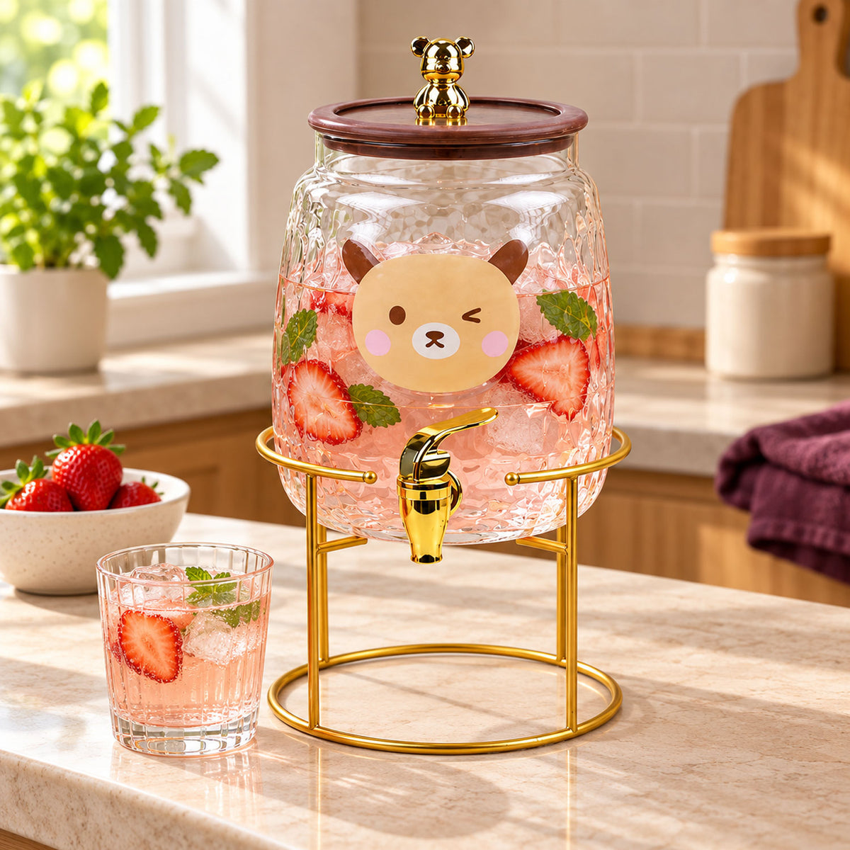 Elegant glass juice dispenser on a dining table with gold stand
