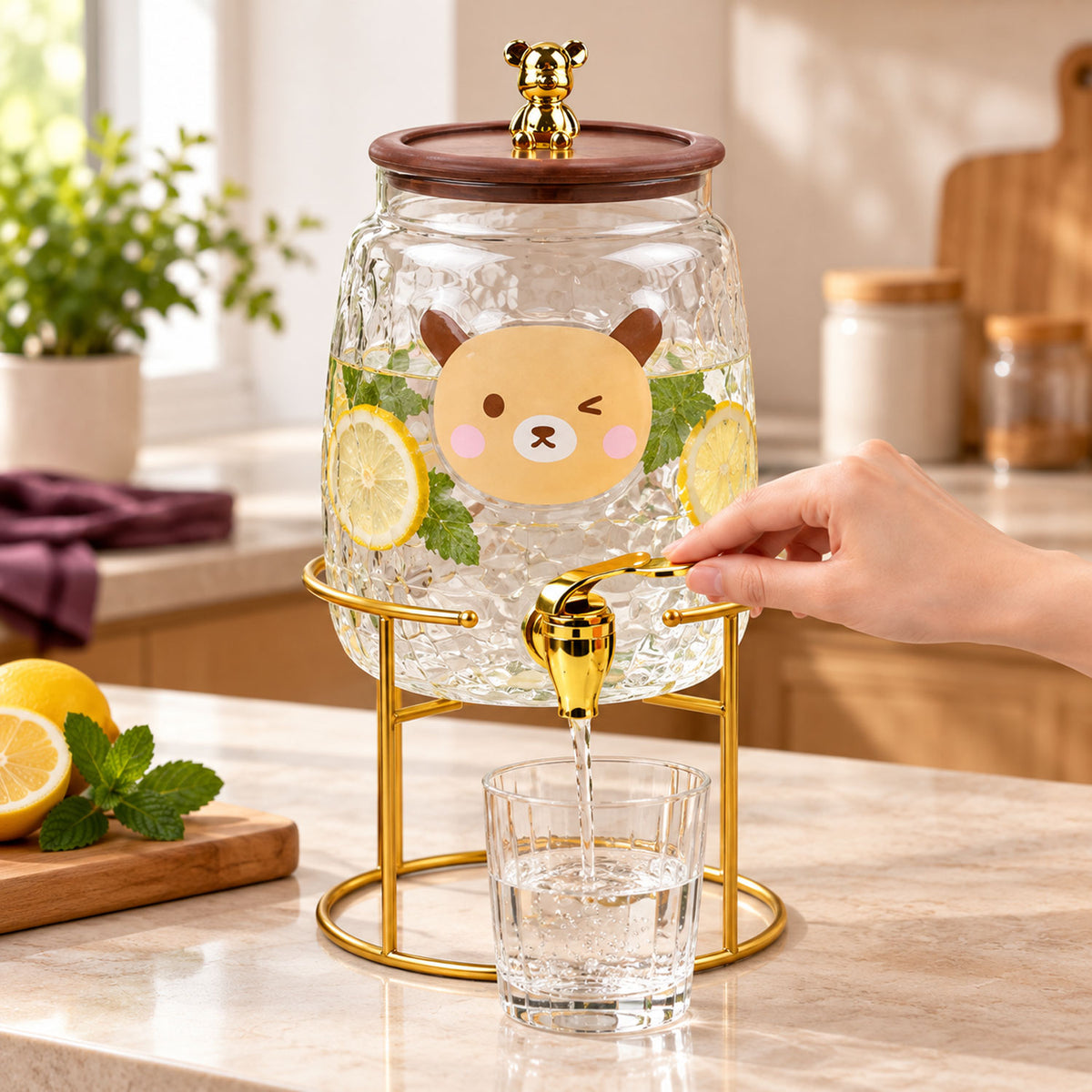 3.2L glass beverage dispenser with gold metal stand and tap