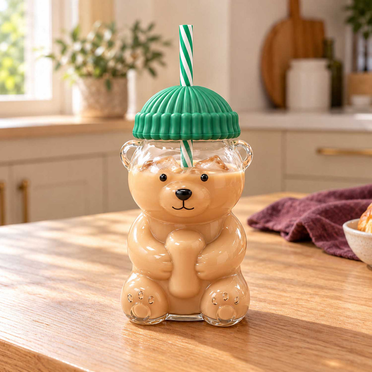 500ml teddy bear shaped glass drinking cup with top hat lid and straw
