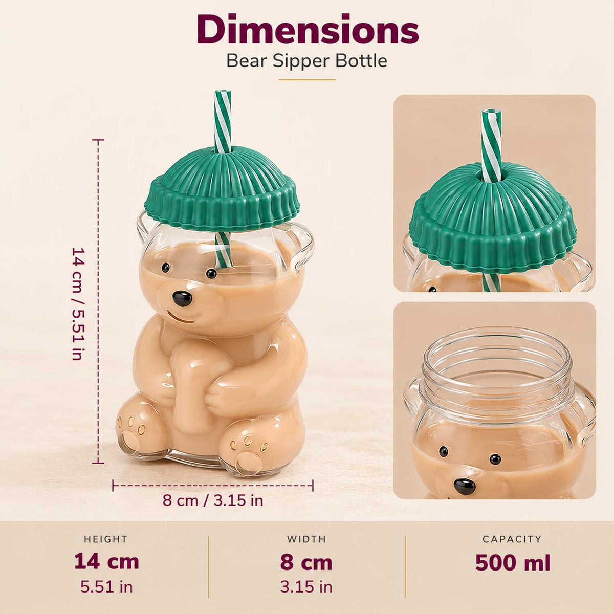 500ml bear shaped glass cup sizing reference showing product height and width