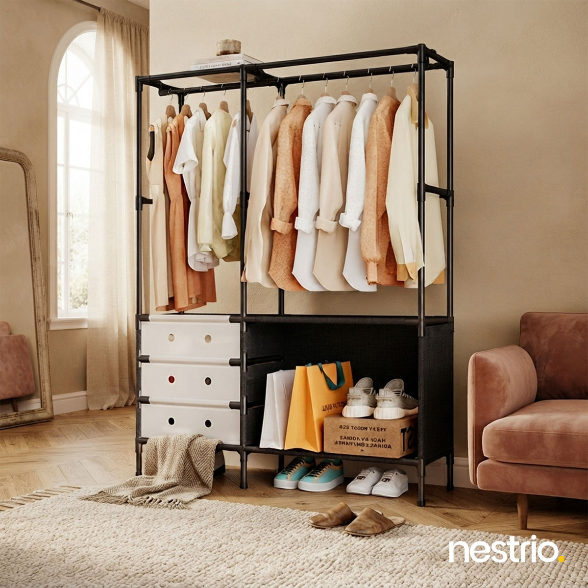 Multi Tier Clothing Rack with Drawers and Shoe Storage Organizer for Home and Bedroom