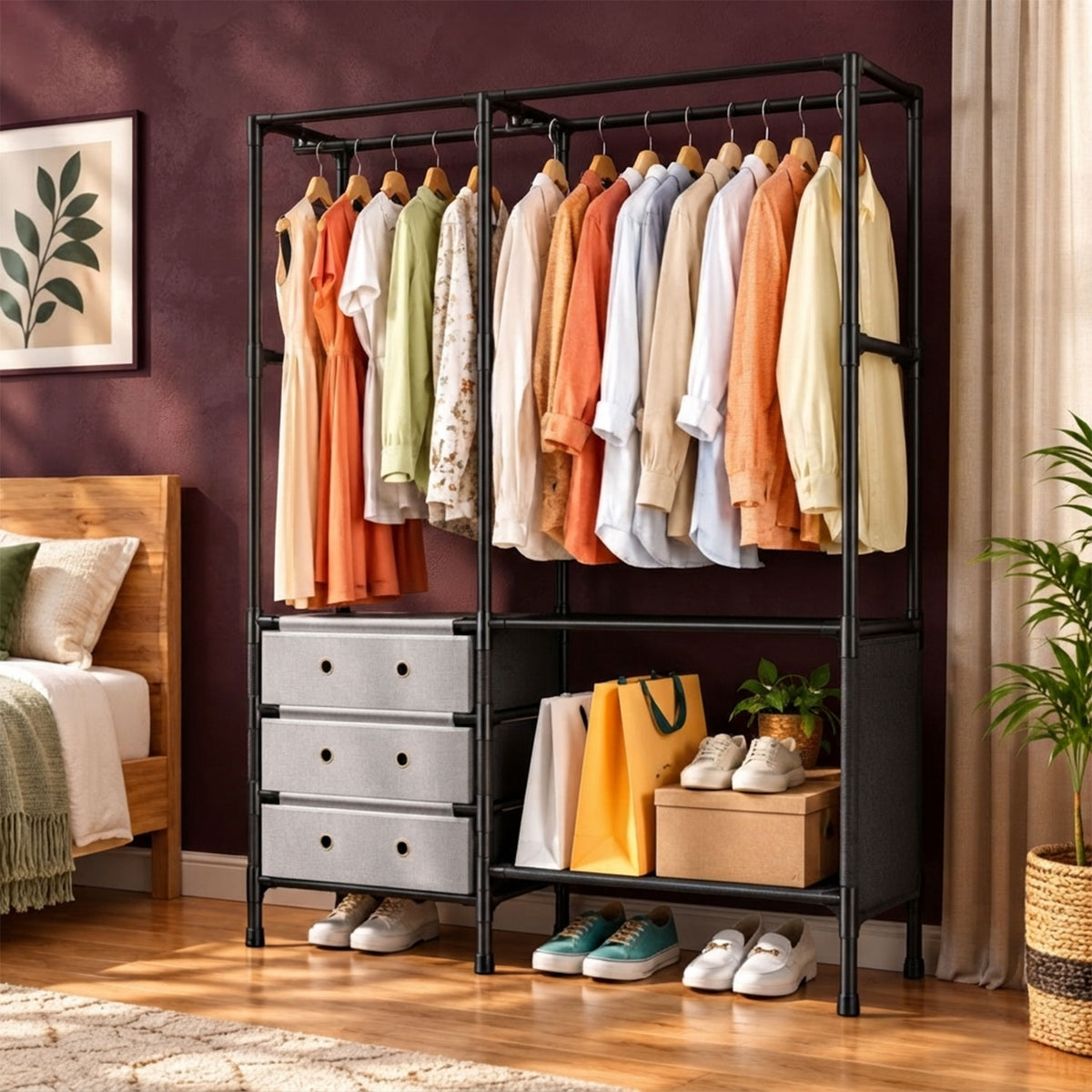 Multi Tier Clothing Rack with Drawers and Shoe Storage Organizer for Home and Bedroom