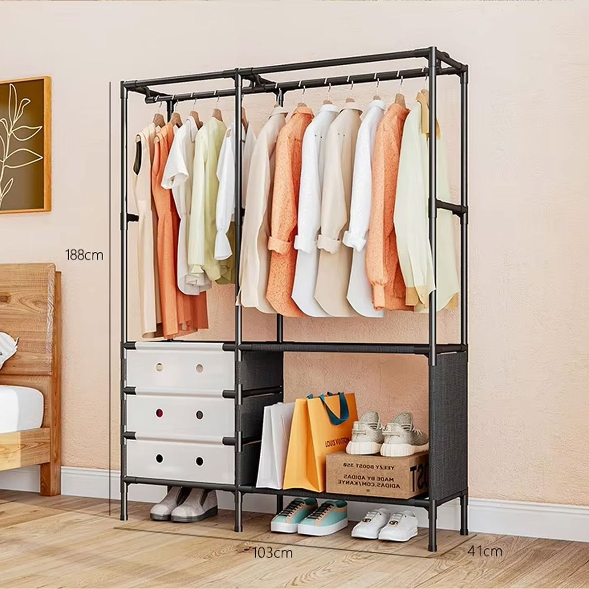 Multi Tier Clothing Rack with Drawers and Shoe Storage Organizer for Home and Bedroom
