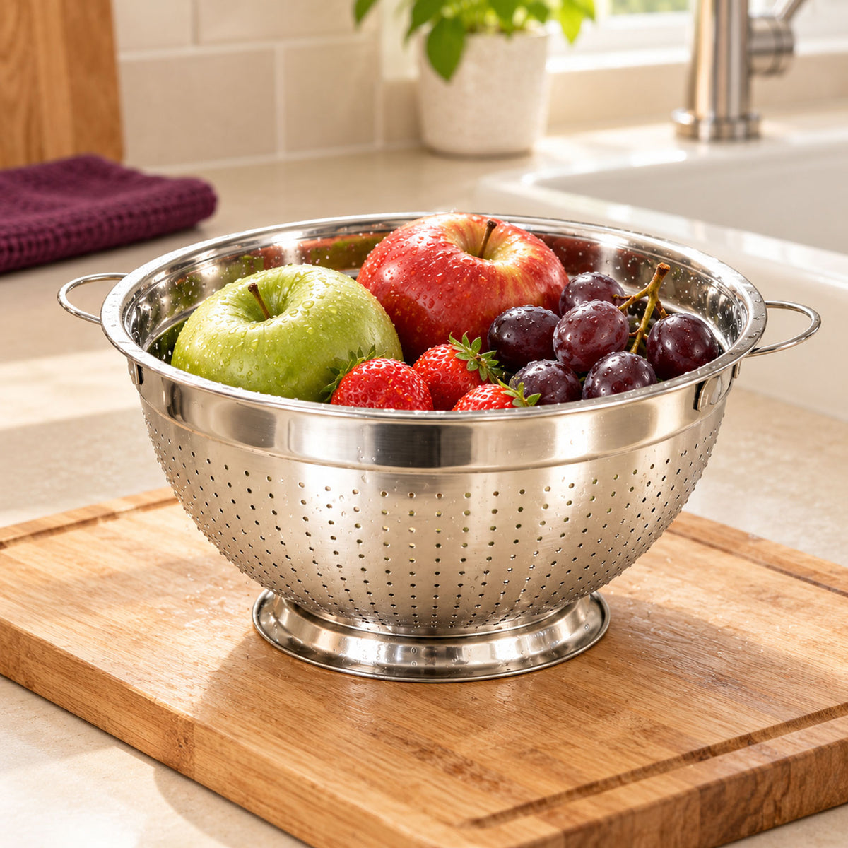 Stainless steel kitchen colander used for rinsing fresh vegetables