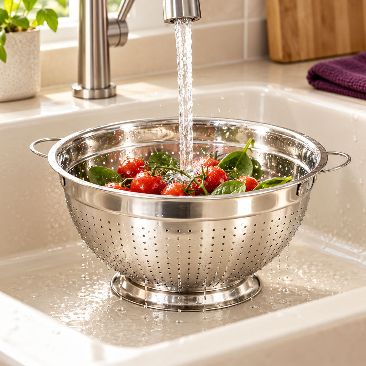22cm stainless steel kitchen colander with perforated draining bowl