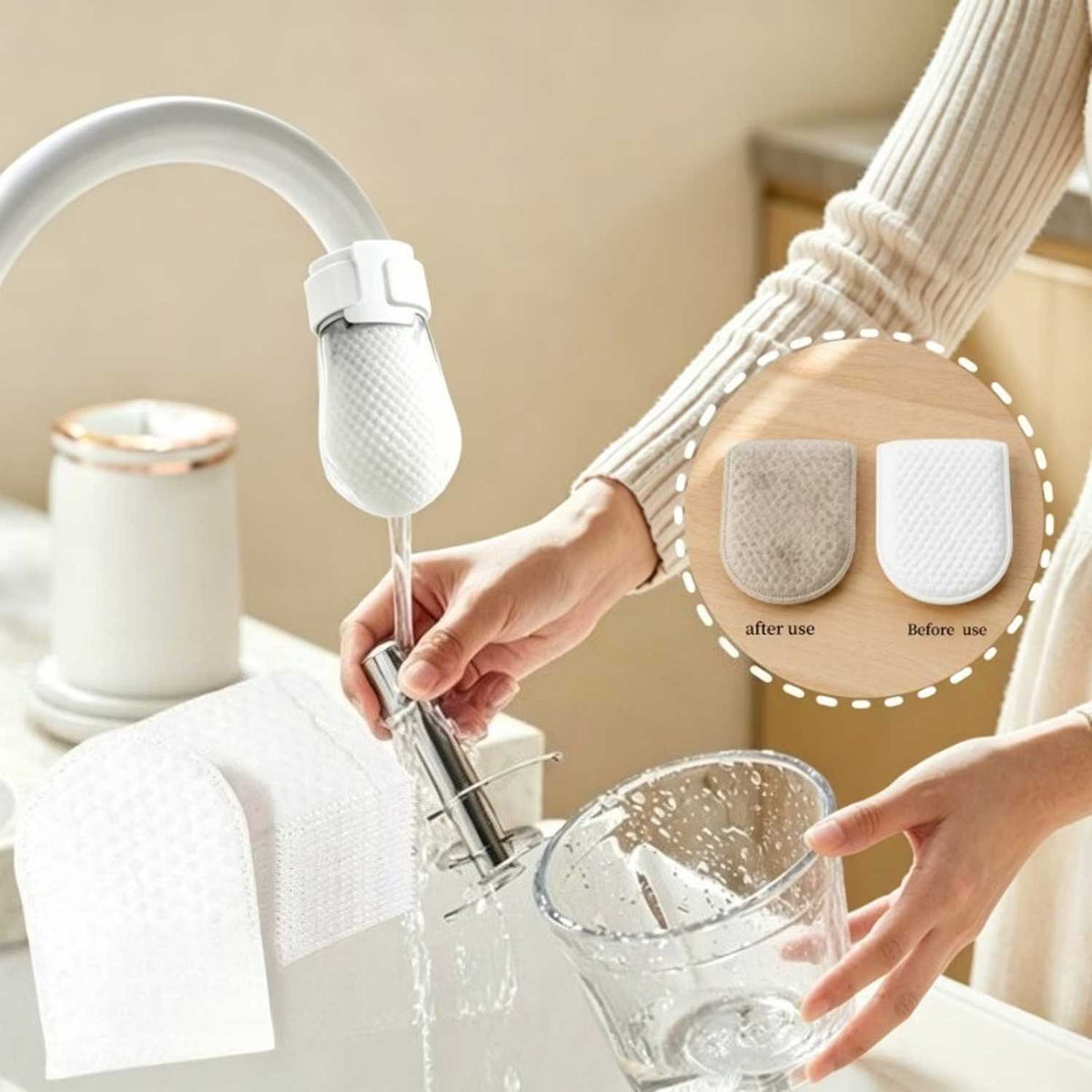 Cotton faucet filter cover fitted over a kitchen tap outlet
