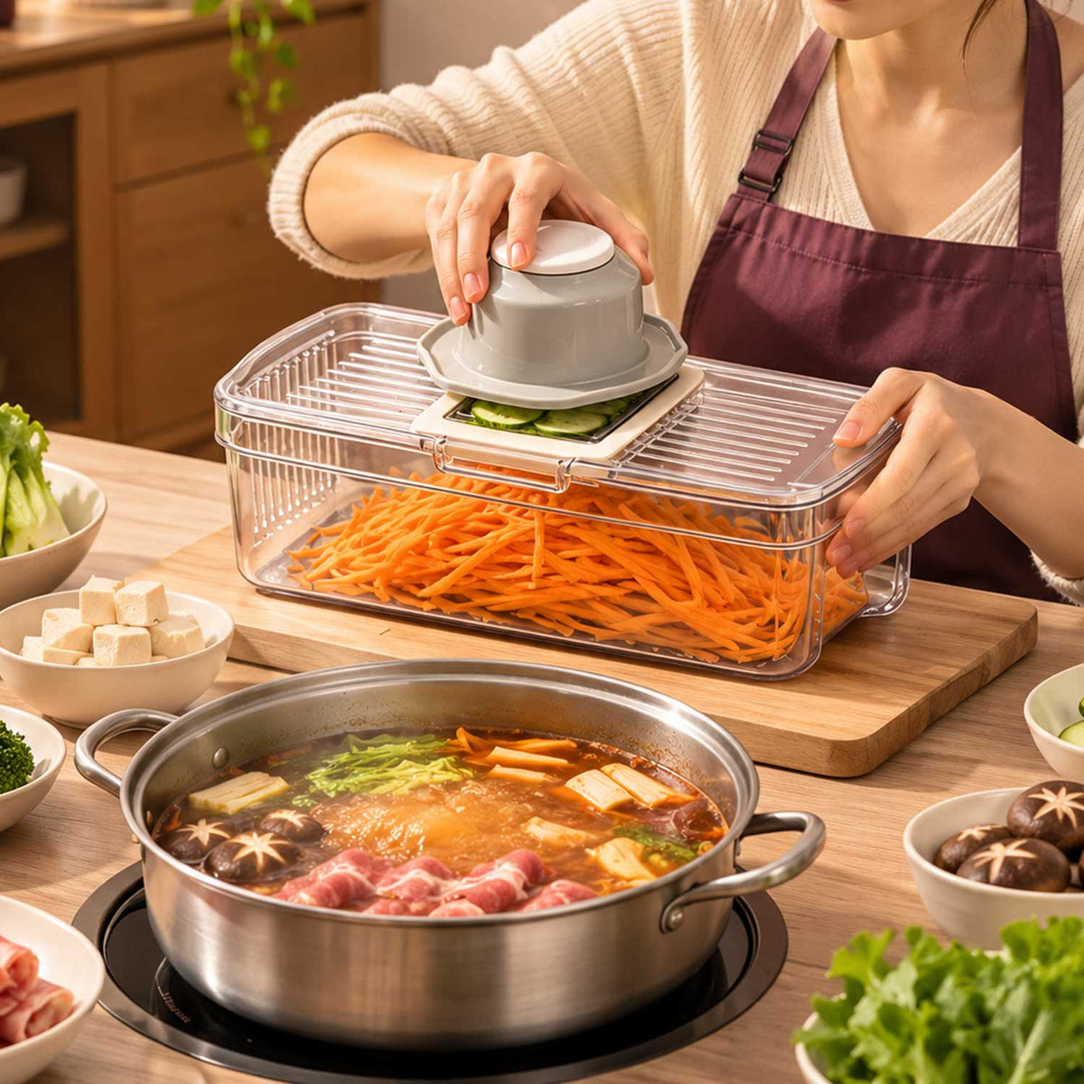 Transparent vegetable drain basket holding freshly sliced vegetables