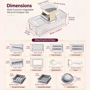 12-in-1 vegetable cutter sizing chart showing 28cm container length, 12cm width and 8.5cm height