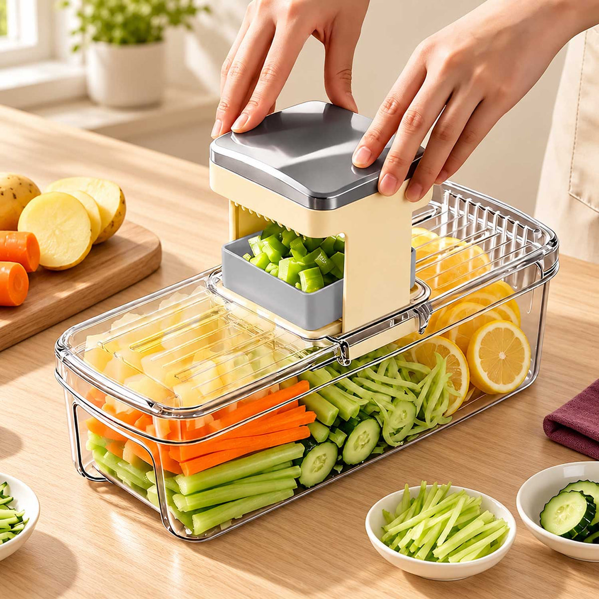 12-in-1 vegetable chopper and slicer with transparent collection container