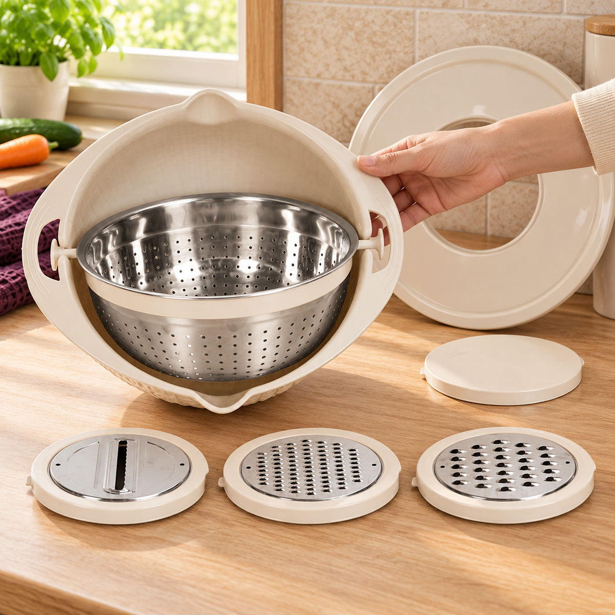 Close-up of integrated vegetable grater on multifunctional kitchen basket