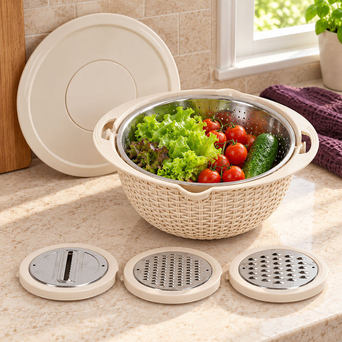 4-in-1 vegetable grater and colander basket for kitchen food preparation