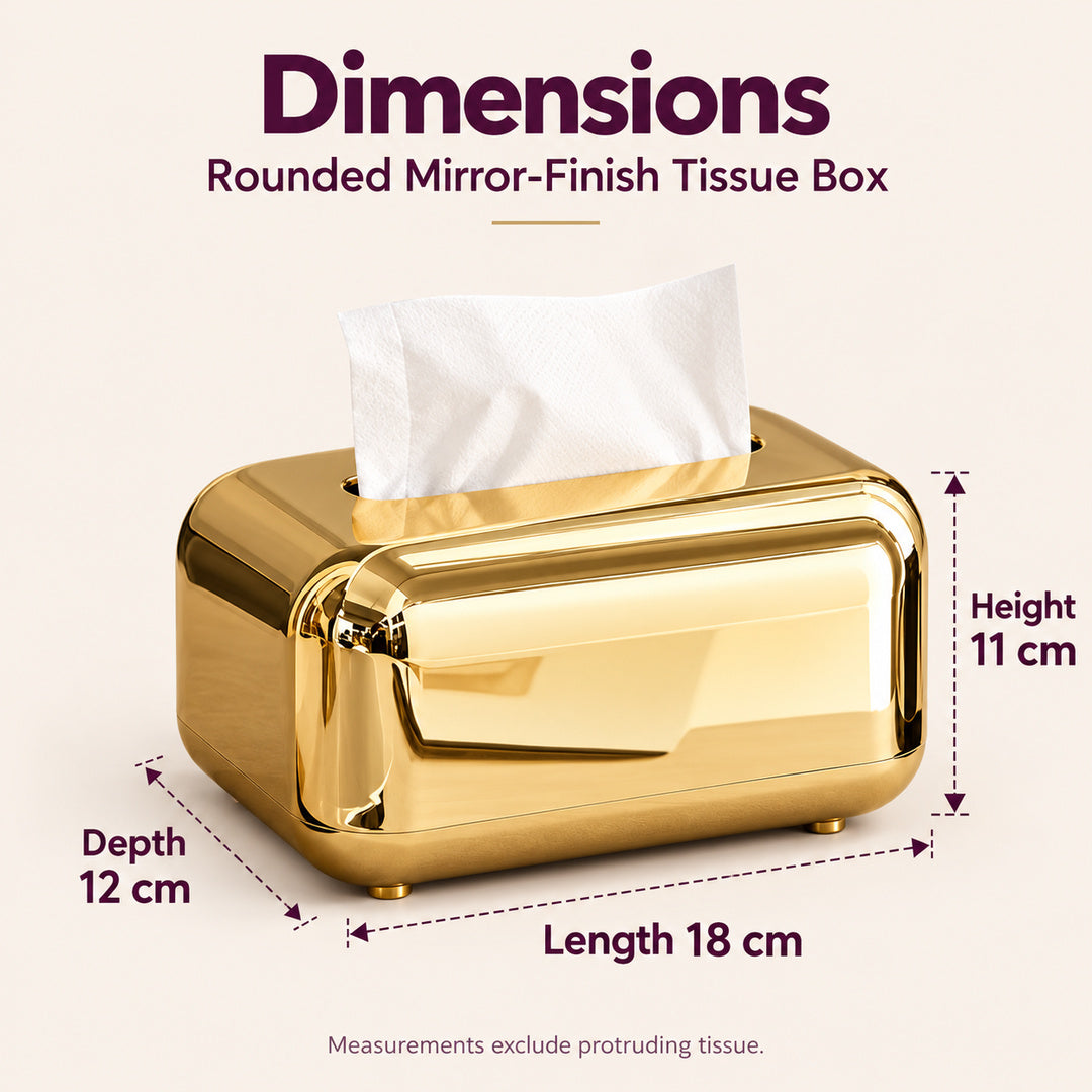 Gold tissue box dimensions: 18 cm long, 12 cm deep and 11 cm high, excluding protruding tissue