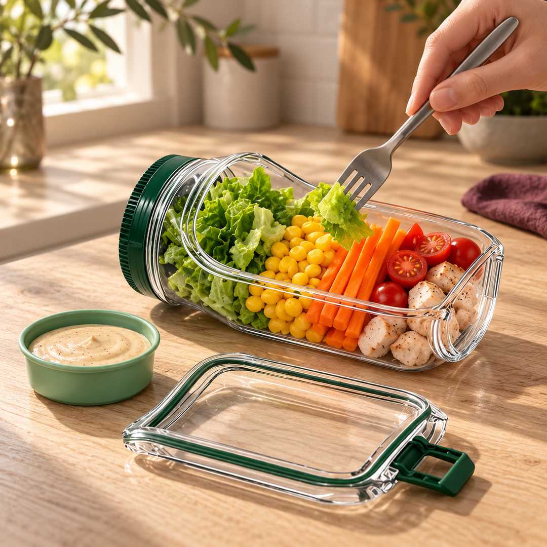 Portable clear salad meal prep jar with green lid and dressing compartment