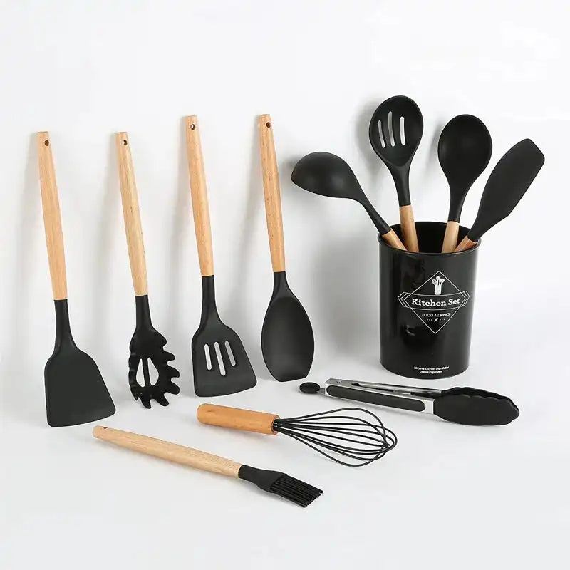 12pcs Silicone Utensil Set With Wooden Handle
